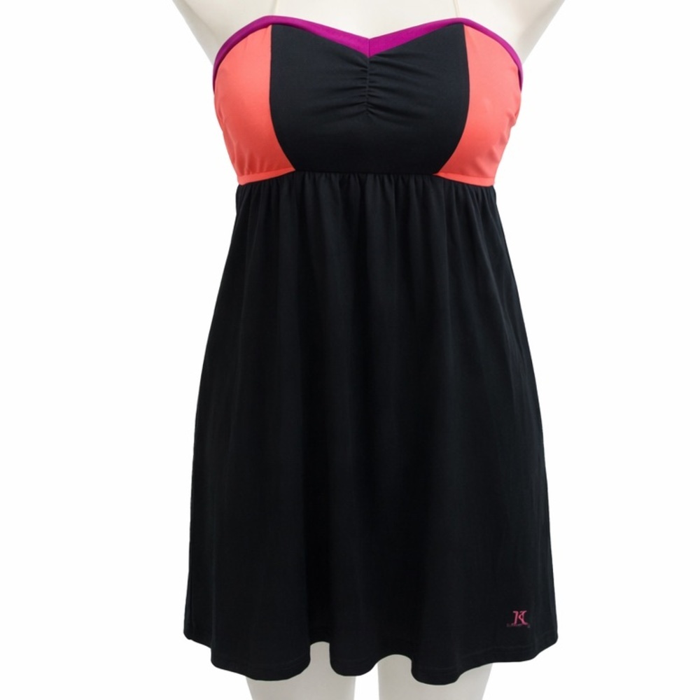 Hurley Y2K Strapless Mini Dress Neon Colorblock Empire Waist A-Line Beach Party - Picture 2 of 9